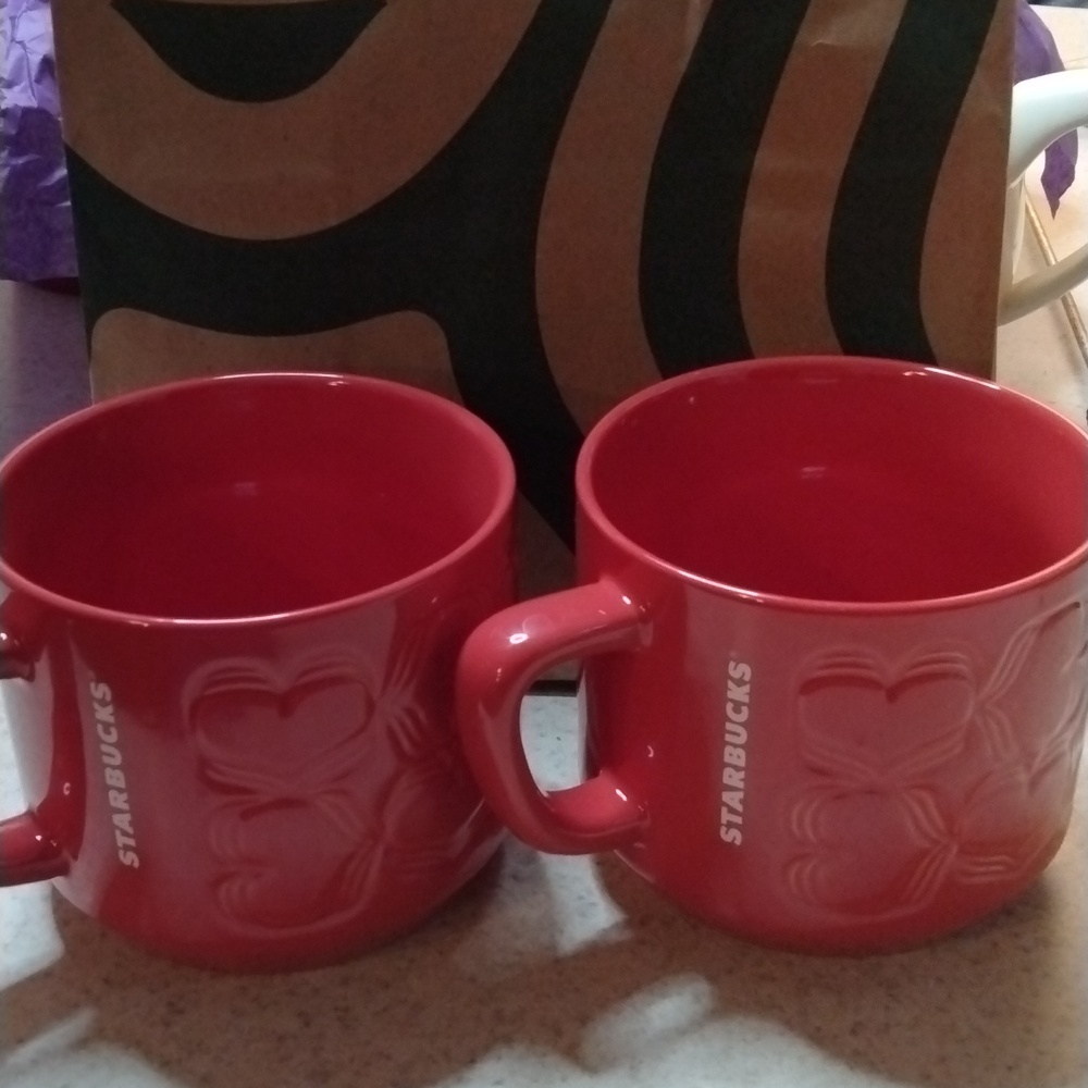 2 Red Starbucks hearts in red mug